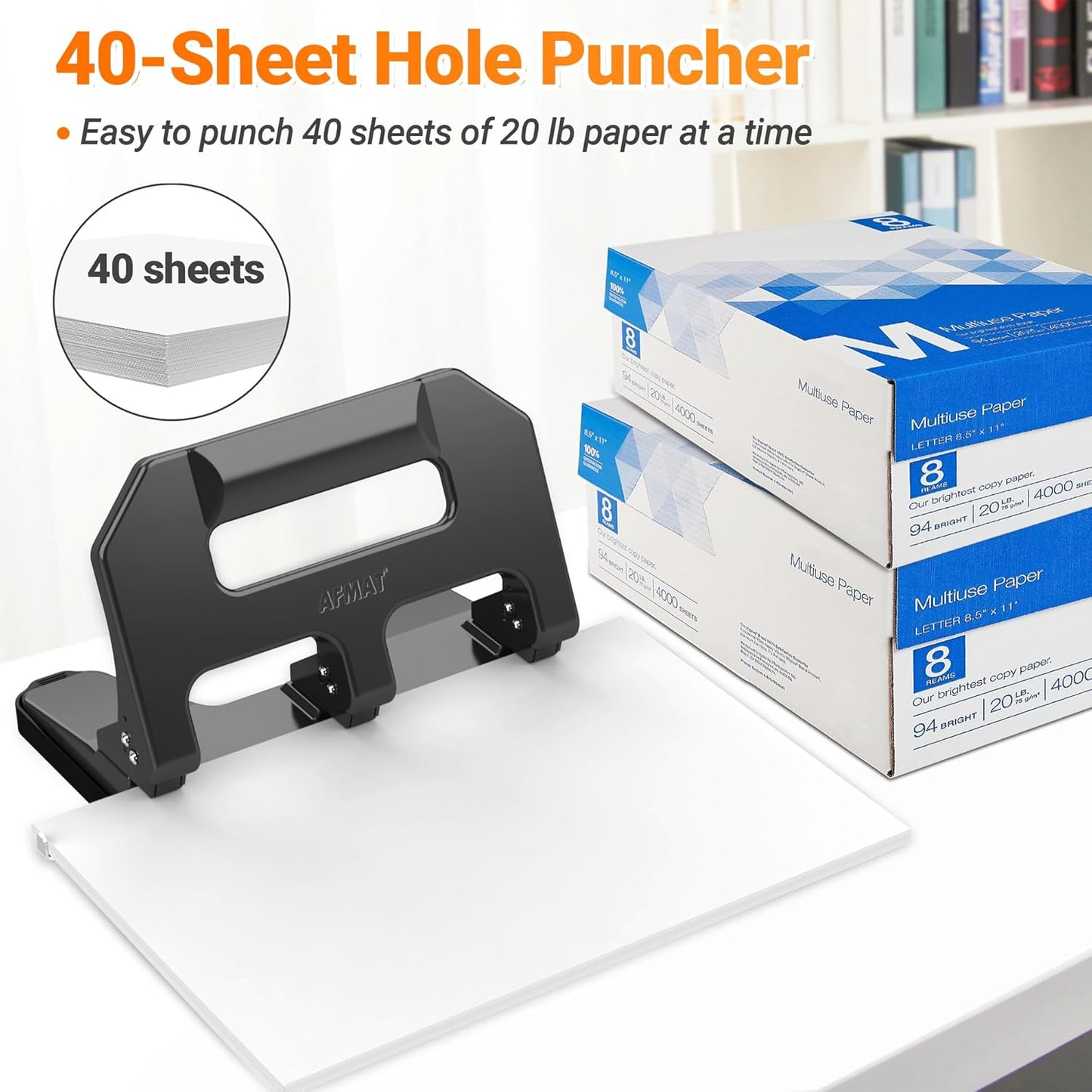 AFMAT HPX1 3 Hole Punch Heavy Duty, 3 Hole Puncher for Binder, 10000+ Punching Times, 40-Sheet Three Hole Punch,Black