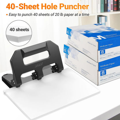AFMAT HPX1 3 Hole Punch Heavy Duty, 3 Hole Puncher for Binder, 10000+ Punching Times, 40-Sheet Three Hole Punch,Black
