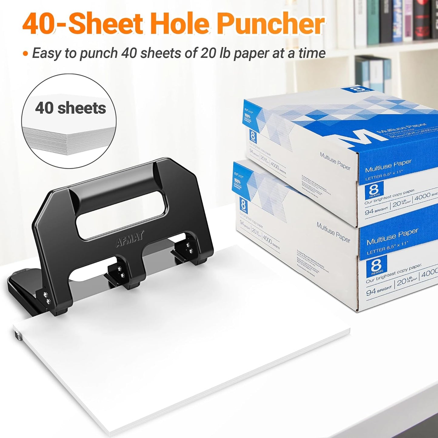 AFMAT HPX1 3 Hole Punch Heavy Duty, 3 Hole Puncher for Binder, 10000+ Punching Times, 40-Sheet Three Hole Punch,Black