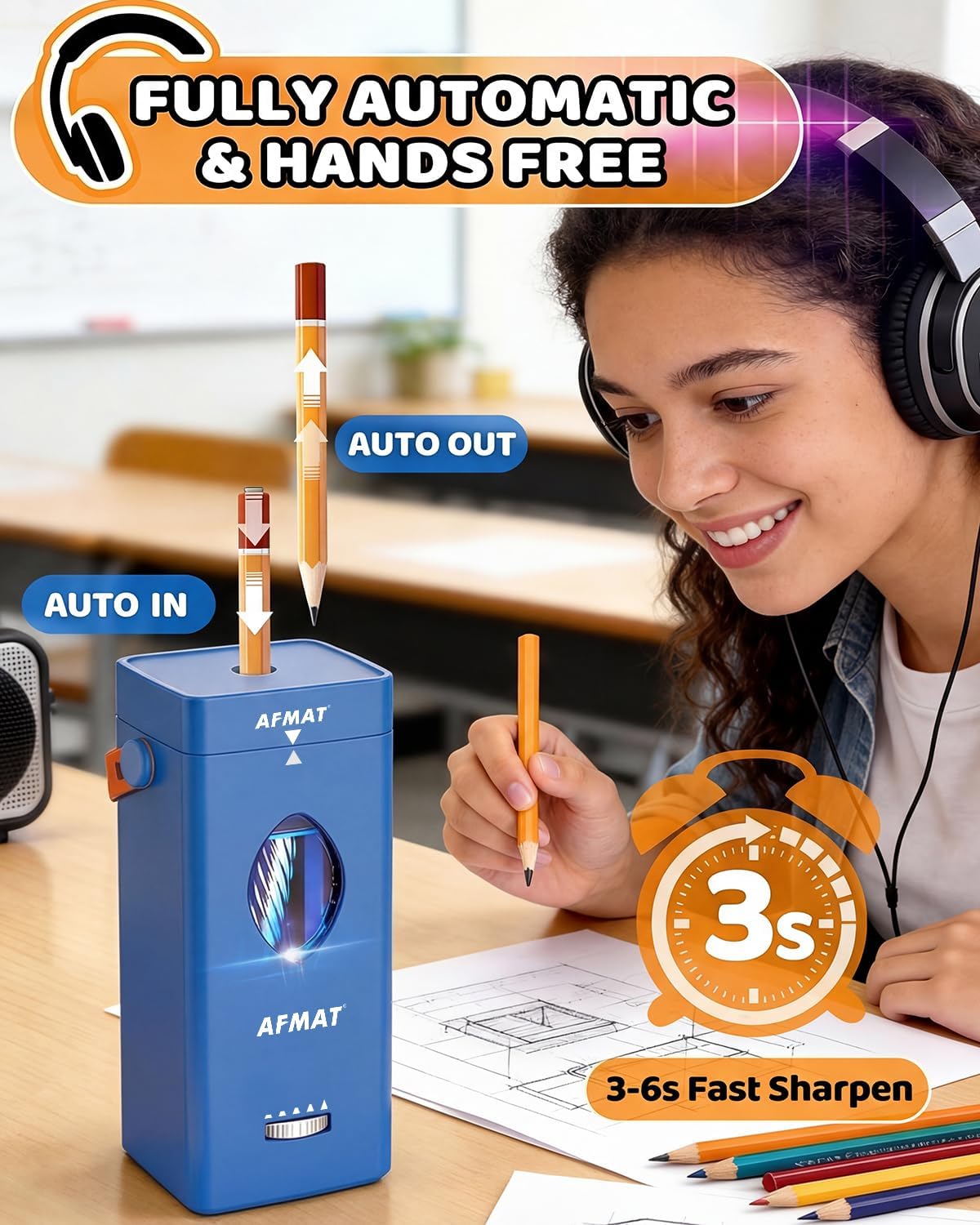 ✅Newest Model With Best Features✅Newly Upgraded Fully Automatic Rechargeable Electric Pencil Sharpener for 6-12mm No.2/Jumbo Pencils, 3X Longer Cutter Life, PSC7BS