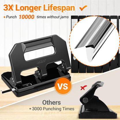 AFMAT HPX1 3 Hole Punch Heavy Duty, 3 Hole Puncher for Binder, 10000+ Punching Times, 40-Sheet Three Hole Punch,Black