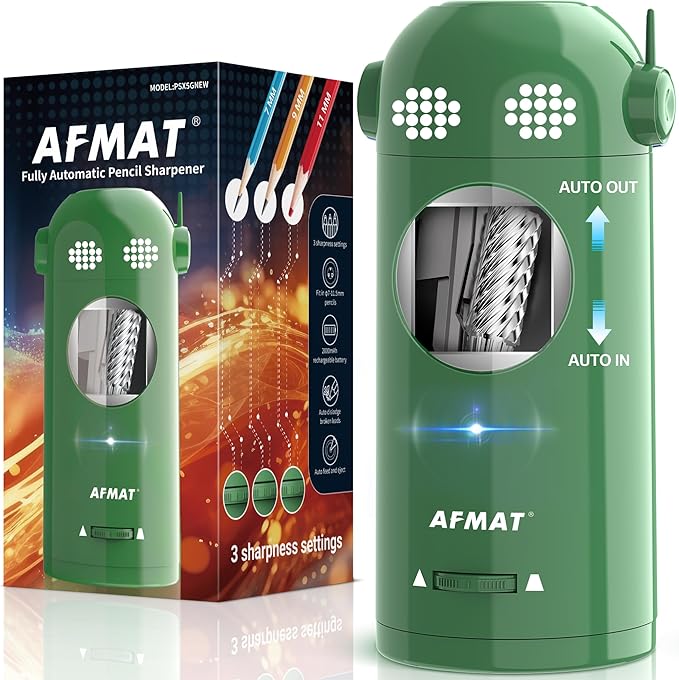 AFMAT Elektrischer Bleistiftspitzer, vollautomatisch, Roboter-Bleistiftspitzer für 7–11,5 mm Bleistifte, Modell: PSX5 (Grün) 