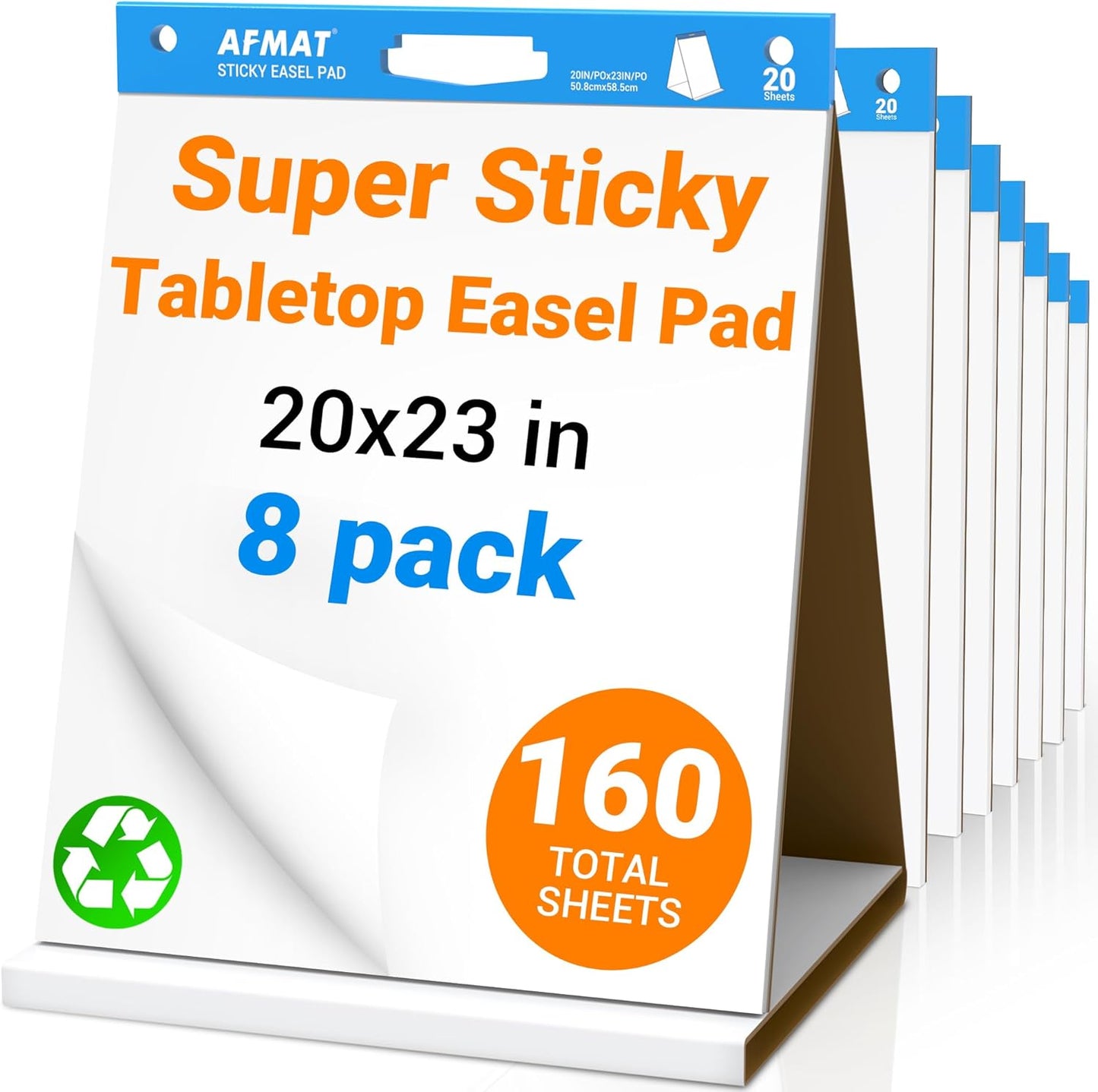 AFMAT Tabletop Sticky Easel Pad, 20 x 23 in Portable Easel Stands for Teachers, Super Sticky & Bleed-Resistant, Self-Stick Easel Paper for Office/Classroom/Training/Presentation, 20 Sheets/Pad, 8 Pads,Model:AFTP28BL