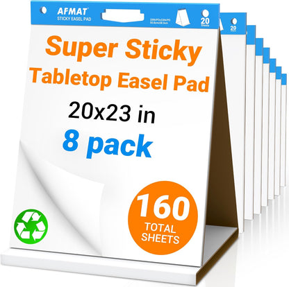 AFMAT Tabletop Sticky Easel Pad, 20 x 23 in Portable Easel Stands for Teachers, Super Sticky & Bleed-Resistant, Self-Stick Easel Paper for Office/Classroom/Training/Presentation, 20 Sheets/Pad, 8 Pads,Model:AFTP28BL