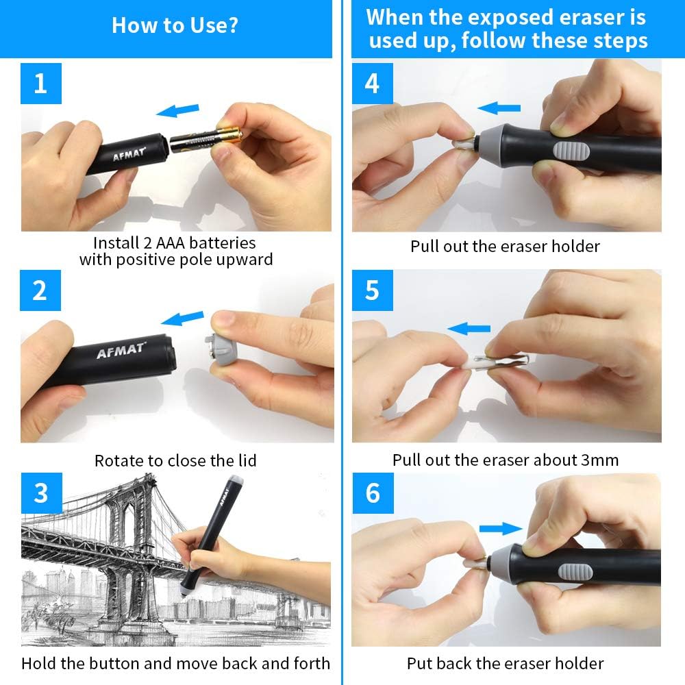 Electric Eraser Battery Operated for Artists, with 140 Eraser Refills, EEW001