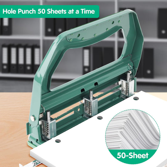 AFMAT HP18 Heavy Duty 3 Hole Punch, 50-Sheet, 50% Reduced Effort, Adjustable Two & Three Hole Punch,Green