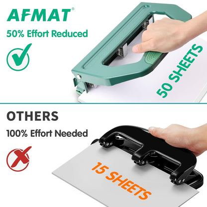 AFMAT HP18 Heavy Duty 3 Hole Punch, 50-Sheet, 50% Reduced Effort, Adjustable Two & Three Hole Punch,Black