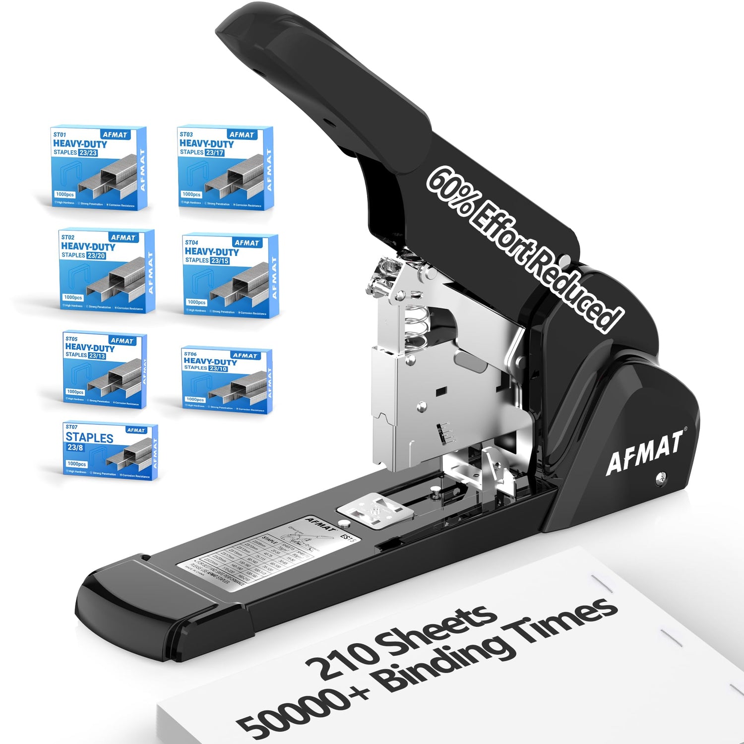 AFMAT Heavy Duty Stapler, 210 Sheet Staplers for Desk with 7000 Staples, Jam-Free, 50000+ Uses, 60% Reduced Effort, Easy Reload, Adjustable Paper Guide, Large Metal Manual Office Staplers, ES15BK