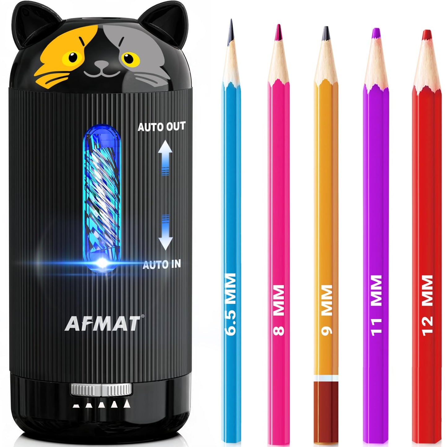 AFMAT Electric Pencil Sharpener, Fully Automatic, for 6.5-12mm Pencils Rechargeable & Cordless, Auto in & Out, 5 Nibs, 7K+ Uses, Replaceable Blade, Cute Sharpener for Classroom/Home/Office, PSJ5BK