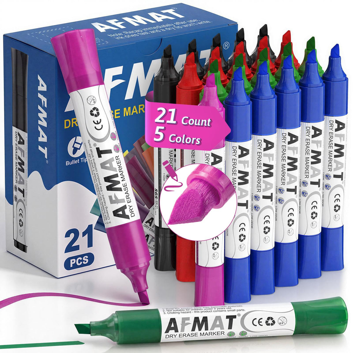 AFMAT Dry Erase Markers, 21-Count 5 Colors Whiteboard Markers, Chisel Tip, High-Capacity Liquid Ink for 1,100m Writing Length, w/Visible Ink Level, Low Odor Erasable for Teacher Office Classroom,DB13X3