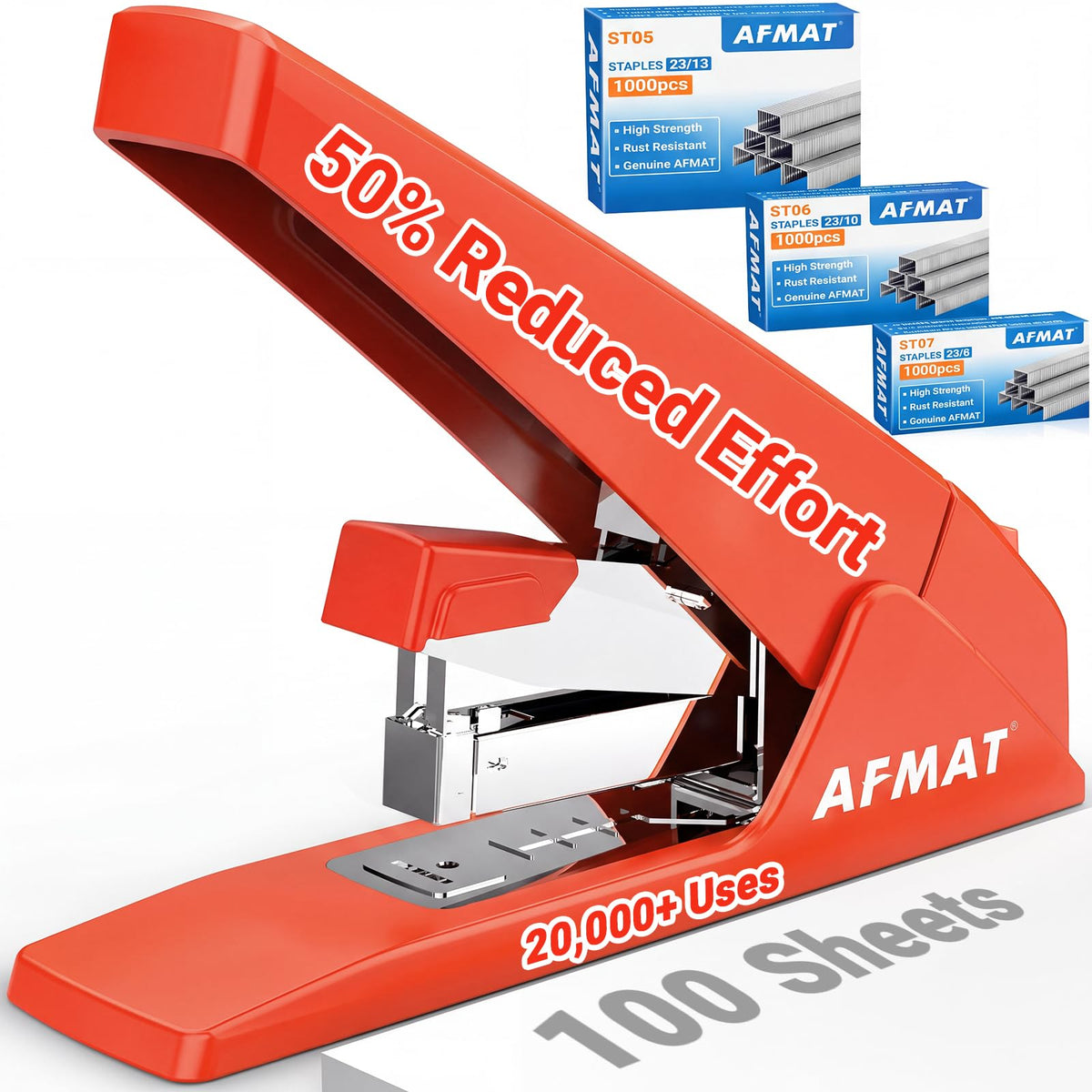 AFMAT ES18 Heavy Duty Stapler, 100-Sheet Effortless Desktop Stapler, ES18RD