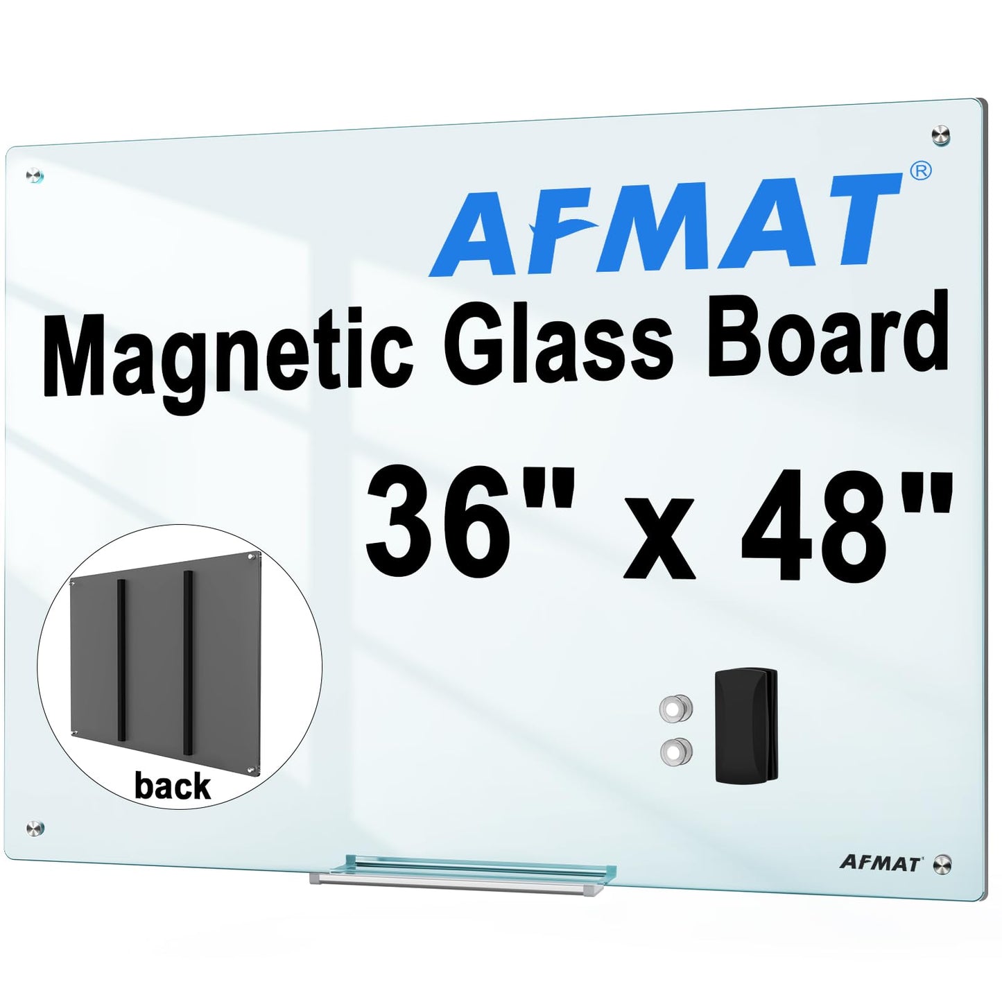 AFMAT Magnetic Glass Whiteboard, 48" x 36" Glass Dry Erase Board, 4mm Tempered Glass w/Strong Magnetic Surface, Large White Board for Wall, Frameless Wall Mounted Black Board for Office Home School,GB04BK1