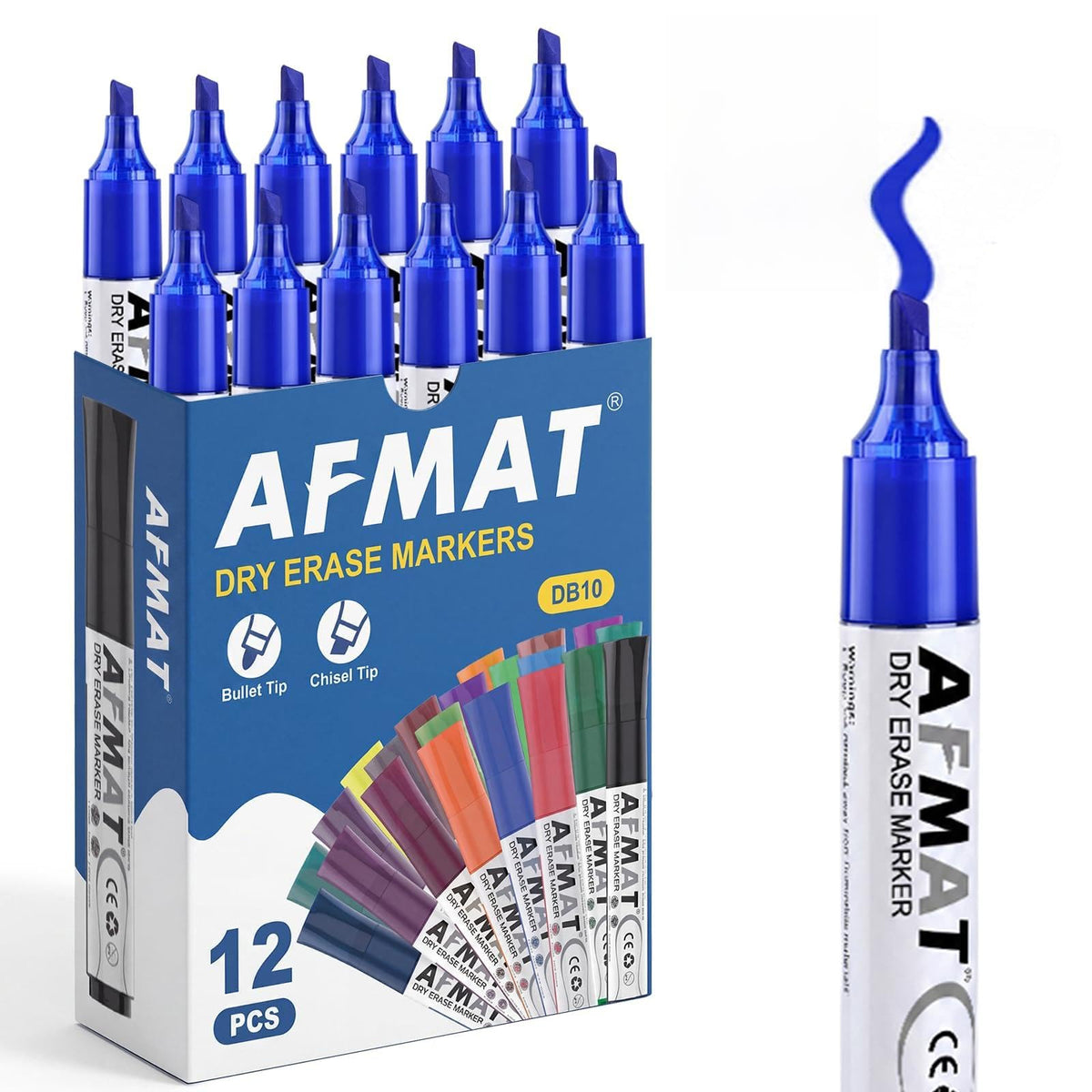 AFMAT Dry Erase Markers, Liquid Chisel Tip Whiteboard Markers with Visible Ink Window, Low Odor & Non-Toxic, 3X Large Capacity, No Residue for White Board, Classroom, Office, Home, Bright Blue,12 Pack,DB10X6