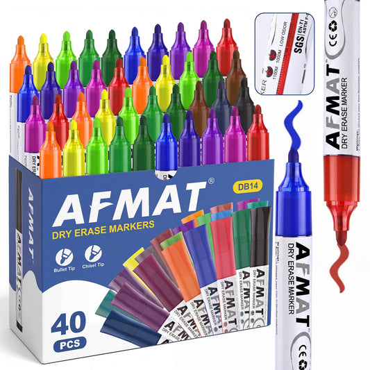 AFMAT Dry Erase Markers, Liquid Bullet Tip Whiteboard Markers with Visible Ink Window, Low Odor & Non-Toxic, 3X Large Capacity, No Residue for White Board, Classroom, Office, Home, 13 Colors, 40 Pack,DB14Y2