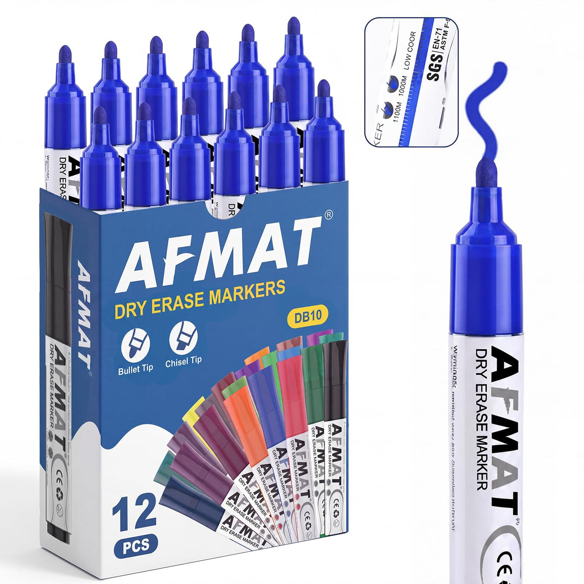AFMAT Dry Erase Markers, Liquid Bullet Tip Whiteboard Markers with Visible Ink Window, Low Odor & Non-Toxic, 3X Large Capacity, No Residue for White Board, Classroom, Office, Home, Bright Blue,12 Pack,DB10Y6