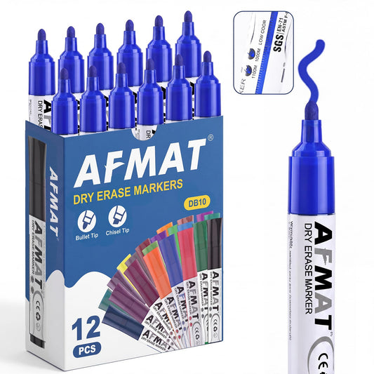 AFMAT Dry Erase Markers, Liquid Bullet Tip Whiteboard Markers with Visible Ink Window, Low Odor & Non-Toxic, 3X Large Capacity, No Residue for White Board, Classroom, Office, Home, Bright Blue,12 Pack,DB10Y6