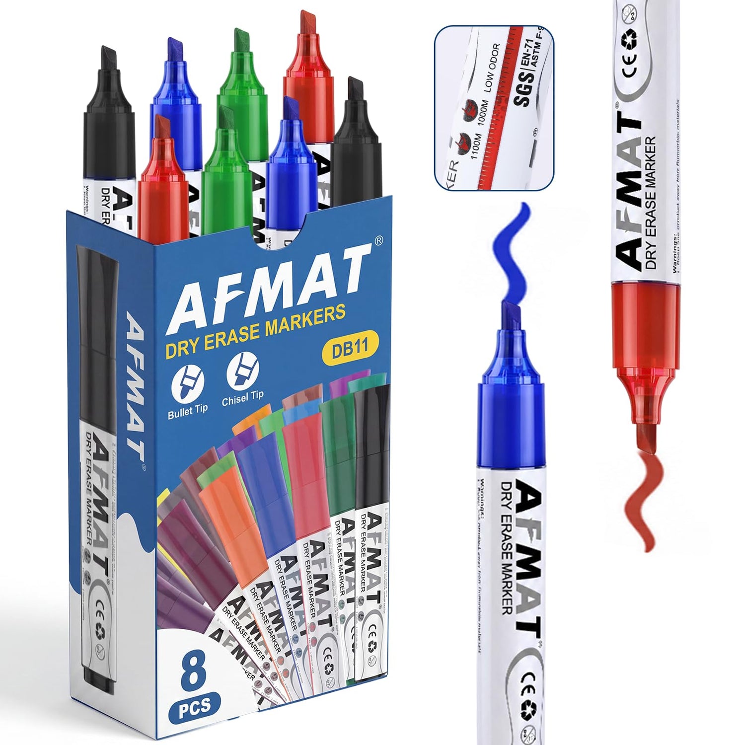 AFMAT Dry Erase Markers, Liquid Chisel Tip Whiteboard Markers with Visible Ink Window, Low Odor & Non-Toxic, 3X Large Capacity, No Residue for White Board, Classroom, Office, Home, 4 Colors, 8 Pack,DB11X3