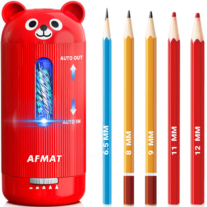 AFMAT Electric Pencil Sharpener, Fully Automatic, for 6.5-12mm Pencils Rechargeable & Cordless, Auto in & Out, 5 Nibs, 7K+ Uses, Replaceable Blade, Cute Sharpener for Classroom/Home/Office
