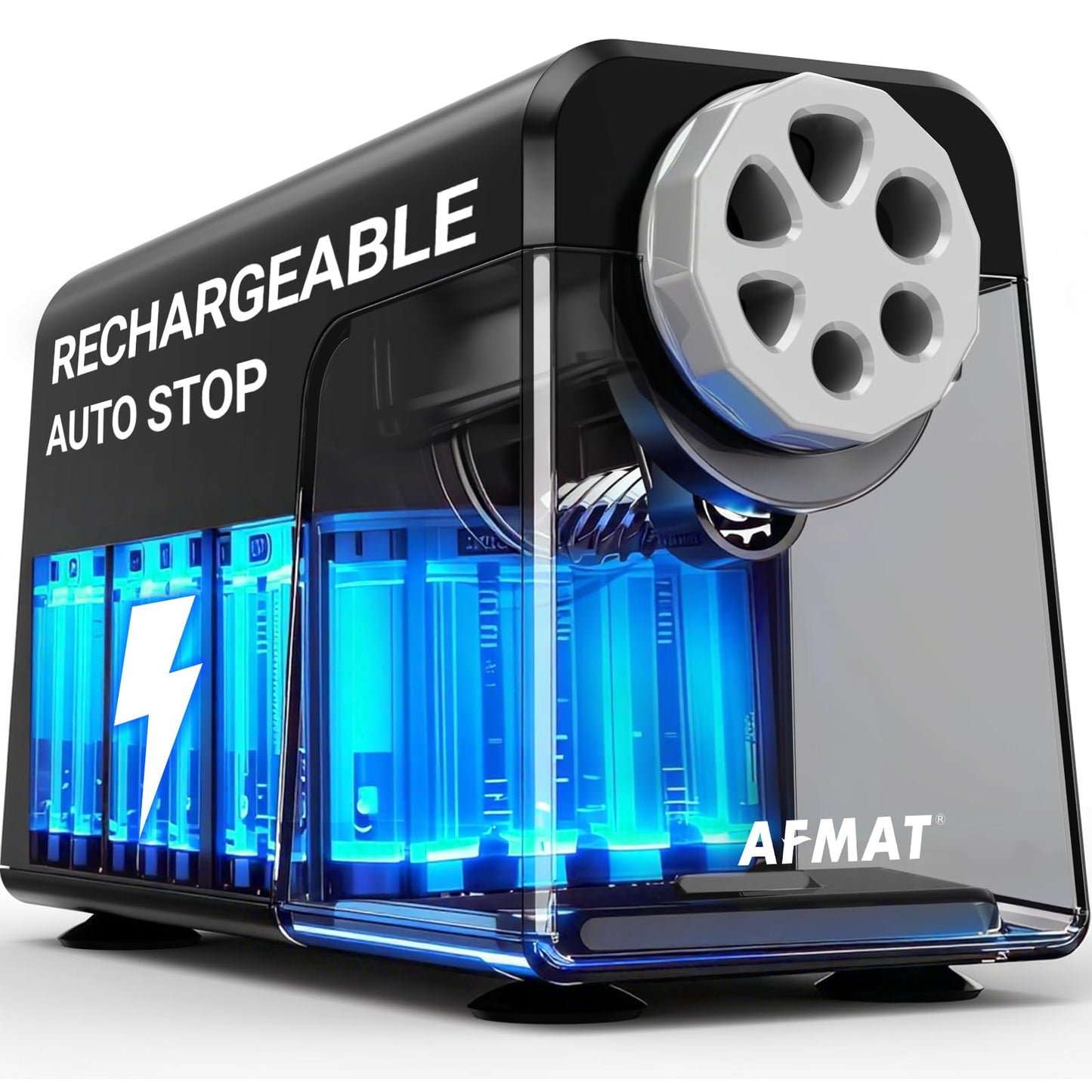 AFMAT PSD1 Rechargeable 6-Hole Electric Pencil Sharpener Heavy Duty, Auto Stop Classroom Pencil Sharpener for 6-11mm Pencils, 10,000+ Sharpenings