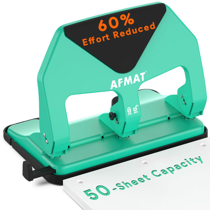 AFMAT HP20 Heavy Duty 3 Hole Punch, 60% Reduced Effort, 50-Sheet 3 Hole Puncher for Binder, 10,000+ Uses