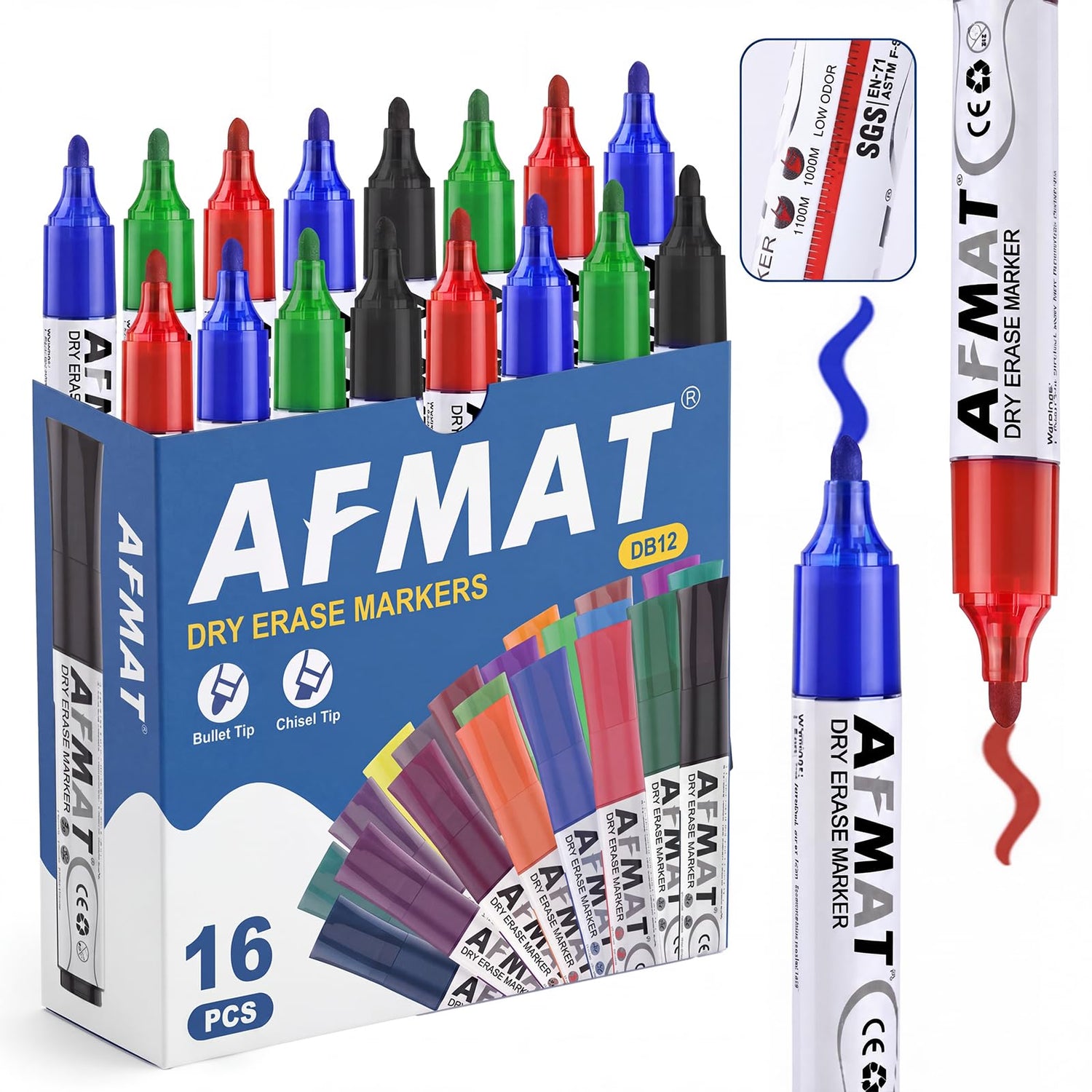 AFMAT Dry Erase Markers, Liquid Bullet Tip Whiteboard Markers with Visible Ink Window, Low Odor & Non-Toxic, 3X Large Capacity, No Residue for White Board, Classroom, Office, Home, 4 Colors, 16 Pack,DB12Y3