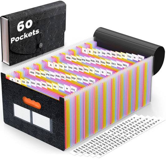 AFMAT Accordion File Organizer, 60 Pockets Expanding File Folder w/Labels, Expandable Letter/A4 Size File Folder for Bill Tax Receipt, Portable File Organizer for Home Office School AF11BK