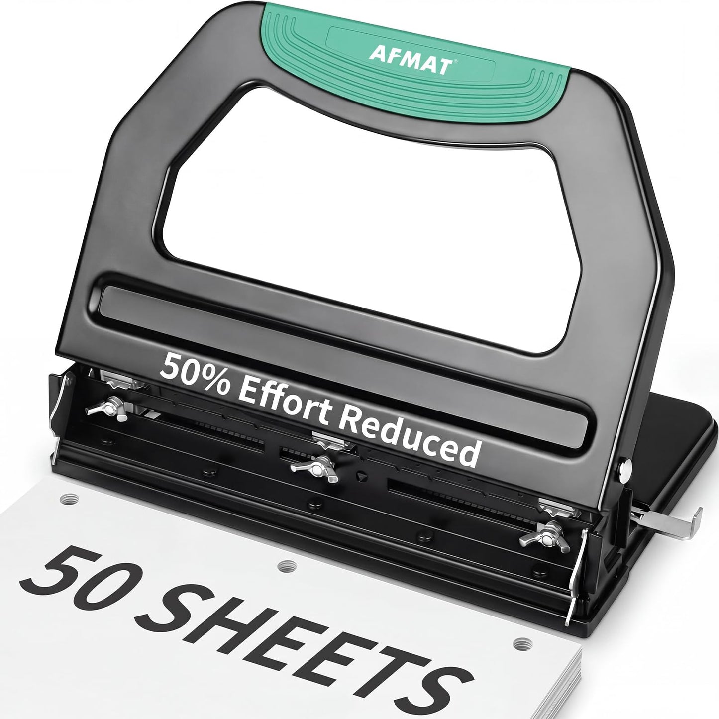 AFMAT 3 Hole Punch Heavy Duty, 9/32" Holes, 50-Sheet Hole Puncher 3 Ring, 50% Reduced Effort, Adjustable Two & Three Hole Punch, Metal Paper Puncher w/Large Chip Tray, Metal Paper Guide, HPHP18BG