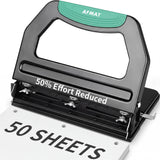 AFMAT 3 Hole Punch Heavy Duty, 9/32" Holes, 50-Sheet Hole Puncher 3 Ring, 50% Reduced Effort, Adjustable Two & Three Hole Punch, Metal Paper Puncher w/Large Chip Tray, Metal Paper Guide, HPHP18BG