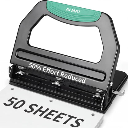 AFMAT 3 Hole Punch Heavy Duty, 9/32" Holes, 50-Sheet Hole Puncher 3 Ring, 50% Reduced Effort, Adjustable Two & Three Hole Punch, Metal Paper Puncher w/Large Chip Tray, Metal Paper Guide, HPHP18BG