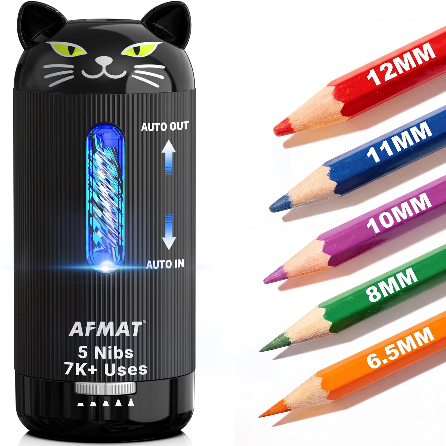 AFMAT Electric Pencil Sharpener, Auto in & Out, 5 Nibs, 7K+ Uses, Fully Automatic Classroom Pencil Sharpener, Rechargeable Hands-Free Sharpeners for Jumbo/Colored Pencils (φ6.5-12mm) PSJ2BK