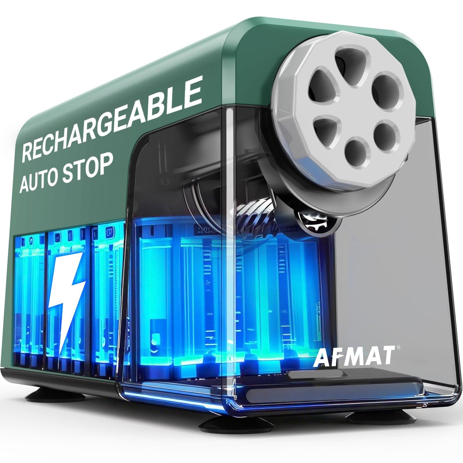 AFMAT Elektrischer Bleistiftspitzer mit 6 Löchern, robust, Auto-Stopp-Bleistiftspitzer für das Klassenzimmer für 6–11 mm Bleistifte, wiederaufladbarer Bleistiftspitzer für die Schule, über 10.000 Anspitzungen, spart Bleistifte, Modell: PSD1 (Schwarz)
