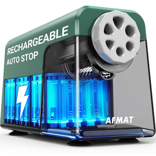 AFMAT PSD1 Rechargeable 6-Hole Electric Pencil Sharpener Heavy Duty, Auto Stop Classroom Pencil Sharpener for 6-11mm Pencils, 10,000+ Sharpenings