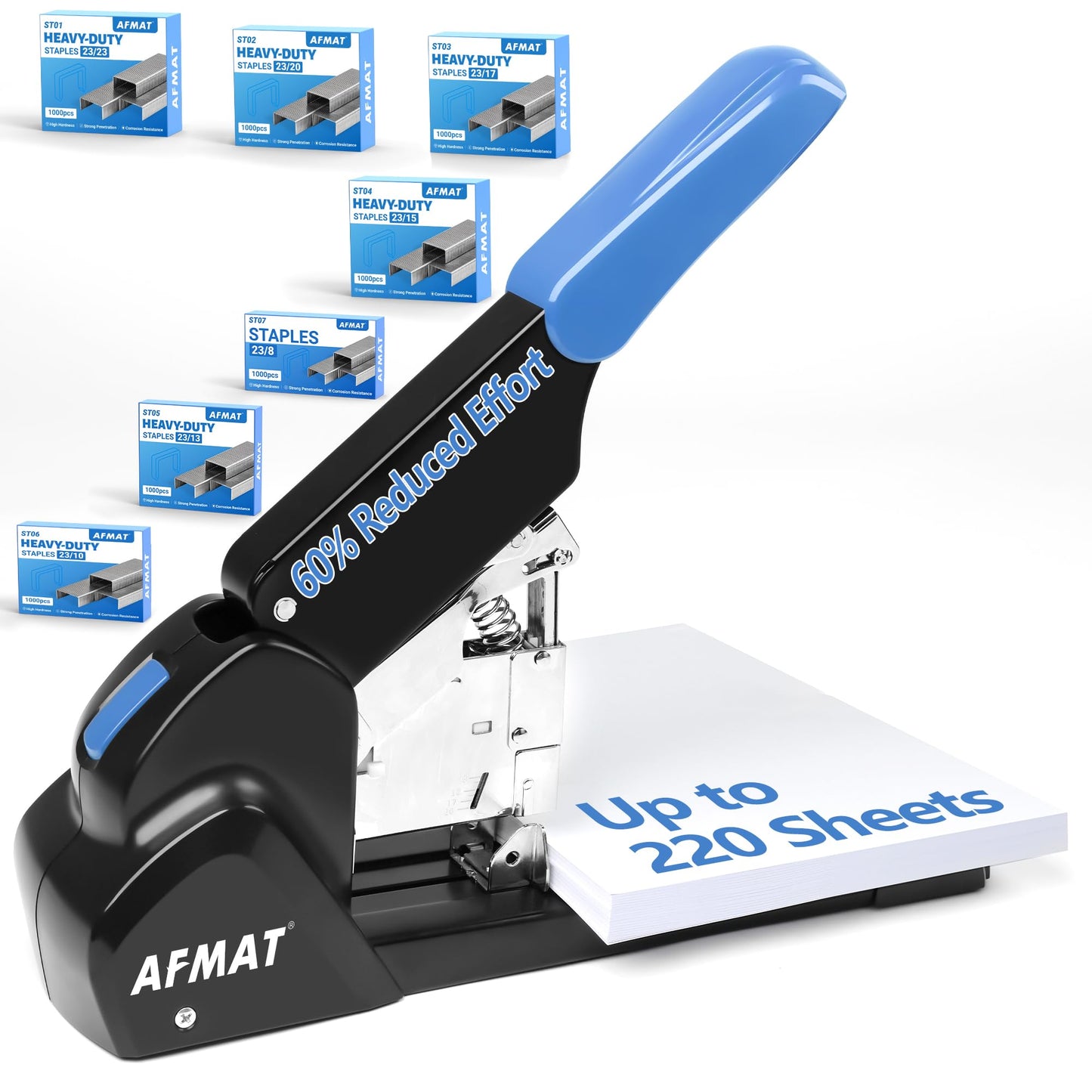AFMAT Heavy Duty Stapler, 220 Sheets Capacity Stapler for Classroom, 60% Reduced Effort, Jam Free, Adjustable Paper Depth, Metal Desk Office Staplers w/ 50,000+ Uses, Includes 7000Pcs Staples, ES15BL