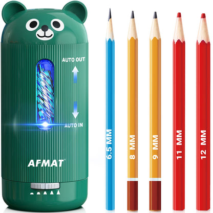 AFMAT Electric Pencil Sharpener, Fully Automatic, for 6.5-12mm Pencils Rechargeable & Cordless, Auto in & Out, 5 Nibs, 7K+ Uses, Replaceable Blade, Cute Sharpener for Classroom/Home/Office