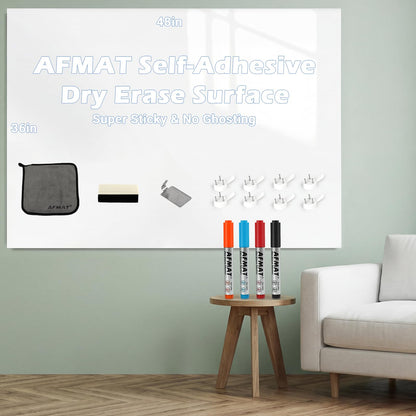 AFMAT Dry Erase Board Sticker, 48 x 36 inches White Board Wallpaper, Dry Erase Sticker for Wall, 4' x 3' Peel and Stick Whiteboard Contact Paper, Adhesive Whiteboard Roll, No Ghost, 4 Markers WS23D