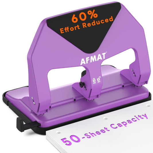 AFMAT HP20 Heavy Duty 3 Hole Punch, 60% Reduced Effort, 50-Sheet 3 Hole Puncher for Binder, 10,000+ Uses