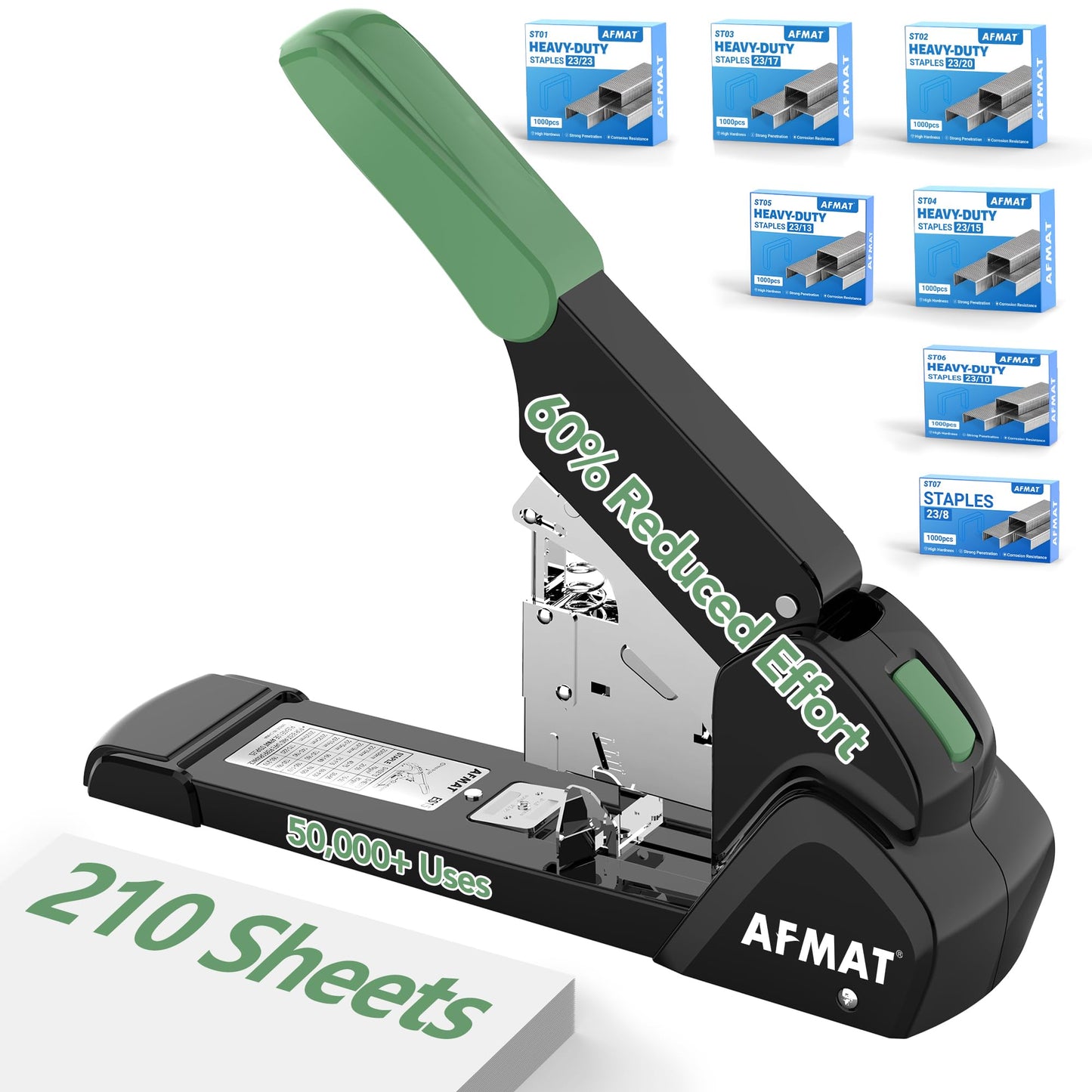 AFMAT Heavy Duty Stapler, 210 Sheet Effortless Stapler for Desk, 60% Reduced Effort, Jam Free, 50,000+ Uses, Adjustable Paper Depth, Metal Desktop Staplers for Office, Includes 7000Pcs Staples, ES15GN