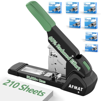 AFMAT Heavy Duty Stapler, 210 Sheet Effortless Stapler for Desk, 60% Reduced Effort, Jam Free, 50,000+ Uses, Adjustable Paper Depth, Metal Desktop Staplers for Office, Includes 7000Pcs Staples, ES15GN