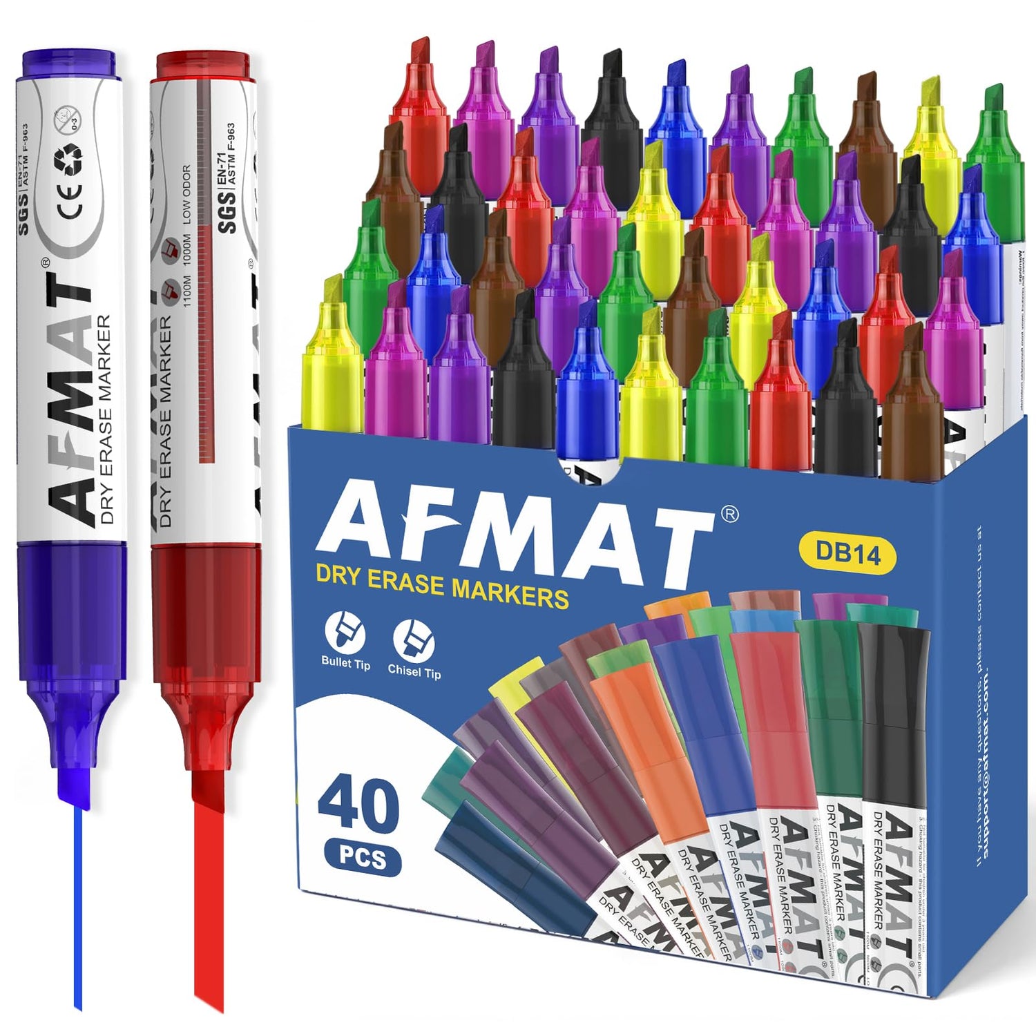 AFMAT Dry Erase Markers, 3x High Capacity, Liquid Chisel Tip Whiteboard Markers with Visible Ink Level, Low Odor Erasable Markers for Teachers, Classroom Essentials, Office Supplies[8 Colors, 40 Pack],DB14X3