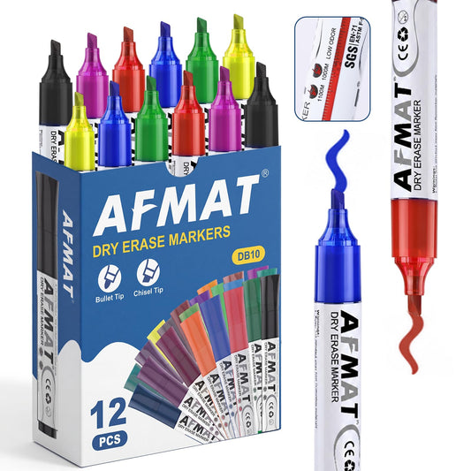 AFMAT Dry Erase Markers, Liquid Chisel Tip Whiteboard Markers with Visible Ink Window, Low Odor & Non-Toxic, 3X Large Capacity, No Residue for White Board, Classroom, Office, Home, 6 Colors, 12 Pack,DB10X3