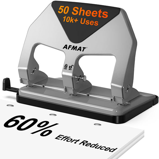 AFMAT HP20 Heavy Duty 3 Hole Punch, 60% Reduced Effort, 50-Sheet 3 Hole Puncher for Binder, 10,000+ Uses
