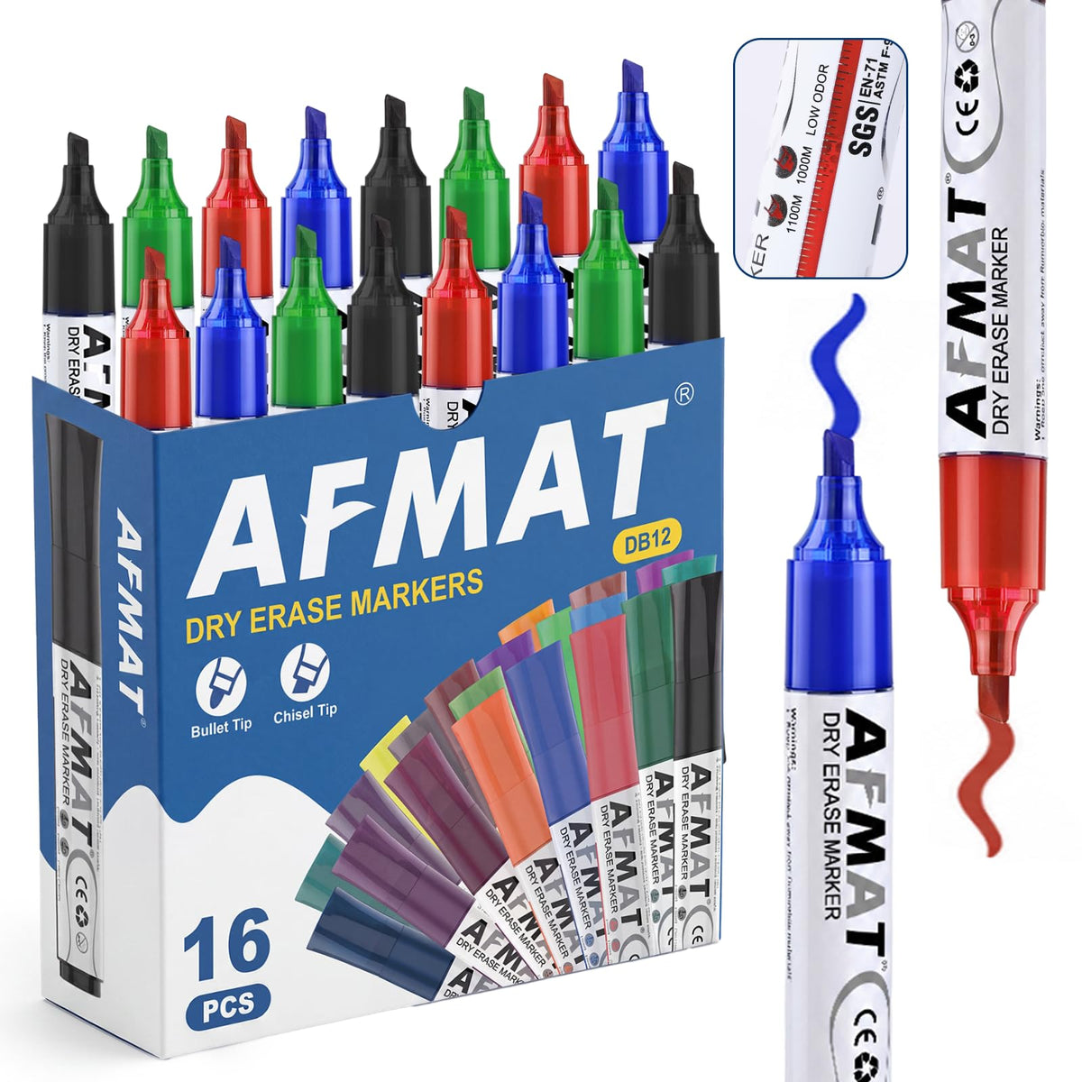 AFMAT Dry Erase Markers, Liquid Chisel Tip Whiteboard Markers with Visible Ink Window, Low Odor & Non-Toxic, 3X Large Capacity, No Residue for White Board, Classroom, Office, Home, 4 Colors, 16 Pack,DB12X3