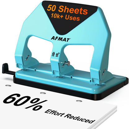 AFMAT HP20 Heavy Duty 3 Hole Punch, 60% Reduced Effort, 50-Sheet 3 Hole Puncher for Binder, 10,000+ Uses
