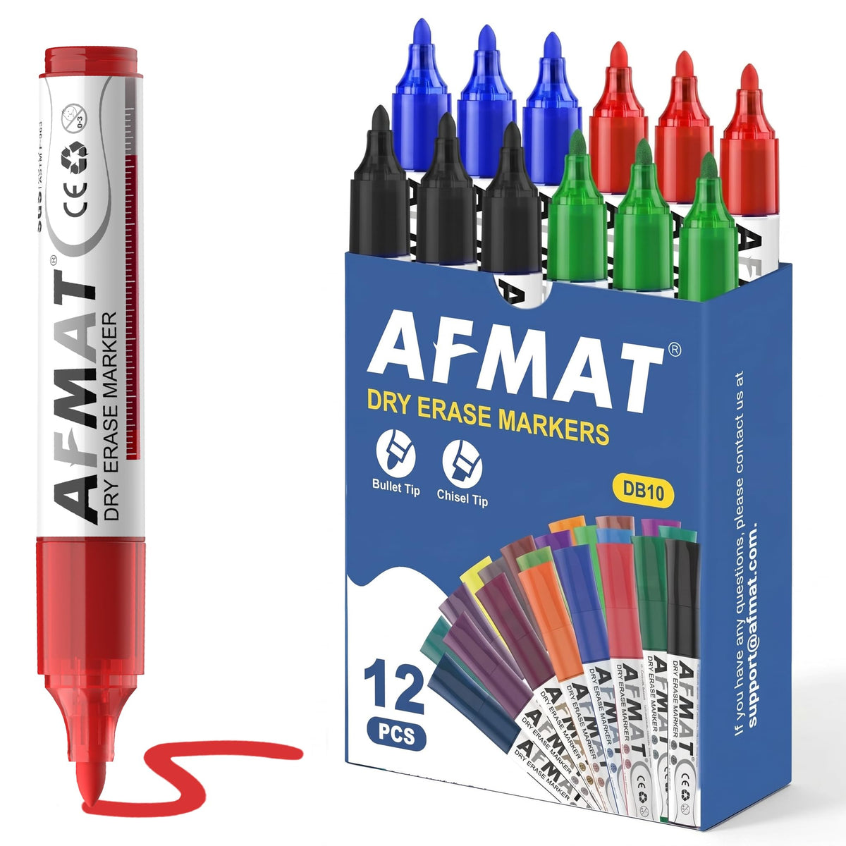 AFMAT Dry Erase Markers, 3x High Capacity, Liquid Bullet Tip Whiteboard Markers with Visible Ink Level, Low Odor Erasable Markers for Teachers, Classroom Essentials, Office Supplies[4 Colors, 12 Pack],DB10Y2