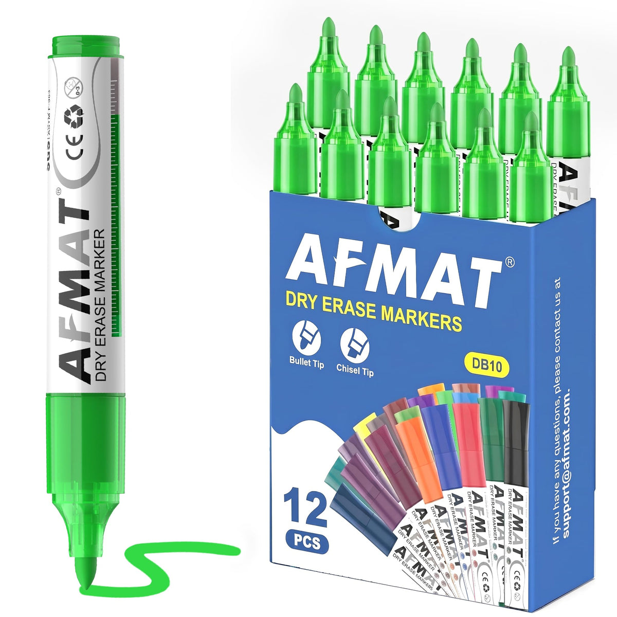 AFMAT Dry Erase Markers, 3x High Capacity, Liquid Bullet Tip Whiteboard Markers with Visible Ink Level, Low Odor Erasable Markers for Teachers, Classroom Essentials, Office Supplies[1 Colors, 12 Pack],DB10Y5