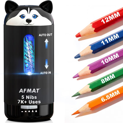 AFMAT Electric Pencil Sharpener, Auto in & Out, 5 Nibs, 7K+ Uses, Fully Automatic Classroom Pencil Sharpener, Rechargeable Hands-Free Sharpeners for Jumbo/Colored Pencils (φ6.5-12mm) PSJ1