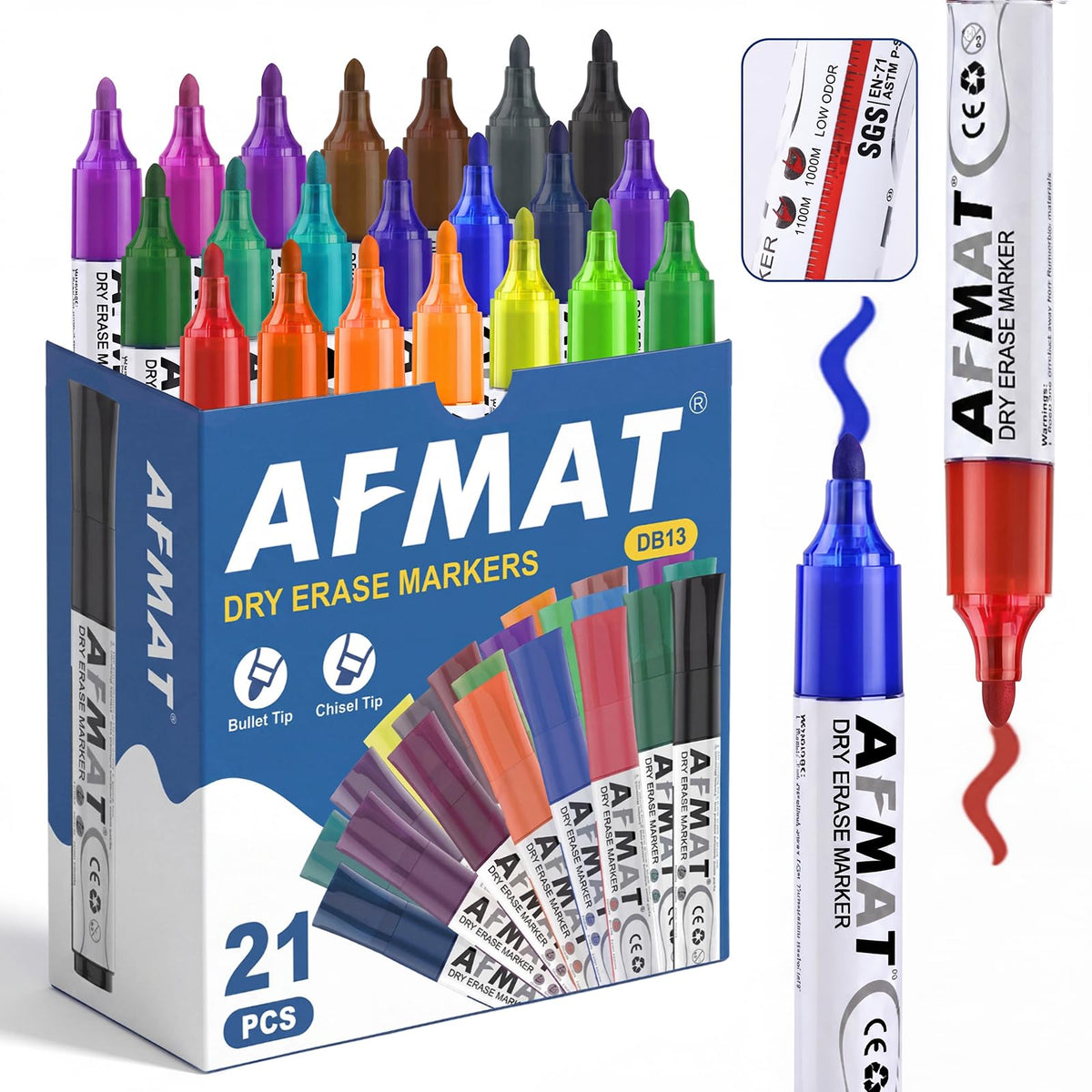 AFMAT Dry Erase Markers, Liquid Bullet Tip Whiteboard Markers with Visible Ink Window, Low Odor & Non-Toxic, 3X Large Capacity, No Residue for White Board, Classroom, Office, Home, 21 Colors, 21 Pack,DB13Y1
