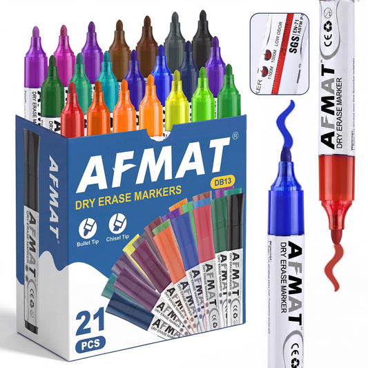 AFMAT Dry Erase Markers, Liquid Bullet Tip Whiteboard Markers with Visible Ink Window, Low Odor & Non-Toxic, 3X Large Capacity, No Residue for White Board, Classroom, Office, Home, 21 Colors, 21 Pack,DB13Y1