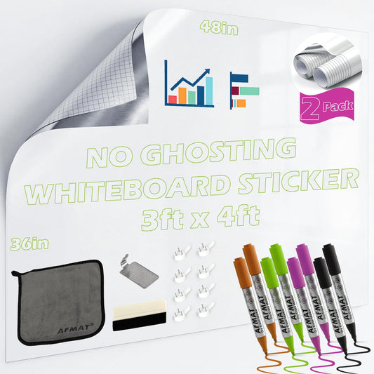 AFMAT 2 Pack Whiteboard Sticker for Wall, 48" x 36" White Boardpaper, Upgrade PET Dry Erase Wallpaper with 6 Markers, Super Sticky & No Ghost, Peel and Stick Dry Erase Board for Home Office Classroom