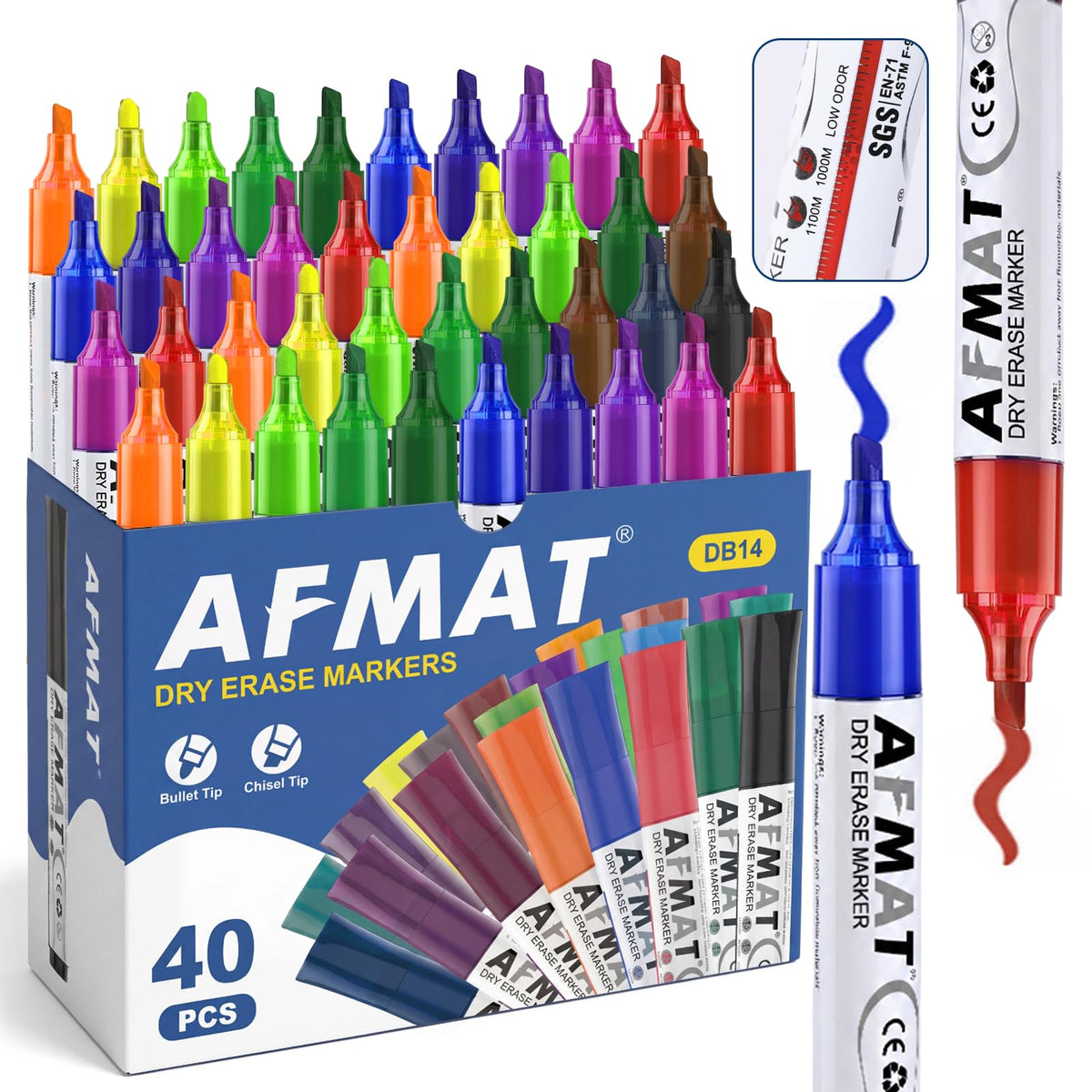 AFMAT Dry Erase Markers, Liquid Chisel Tip Whiteboard Markers with Visible Ink Window, Low Odor & Non-Toxic, 3X Large Capacity, No Residue for White Board, Classroom, Office, Home, 13 Colors, 40 Pack,DB14X2